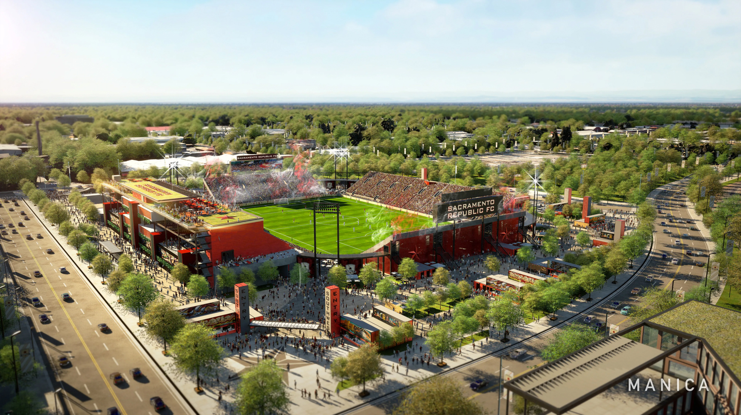 Sacramento Railyards Stadium aerial view, rendering by MANICA Architects