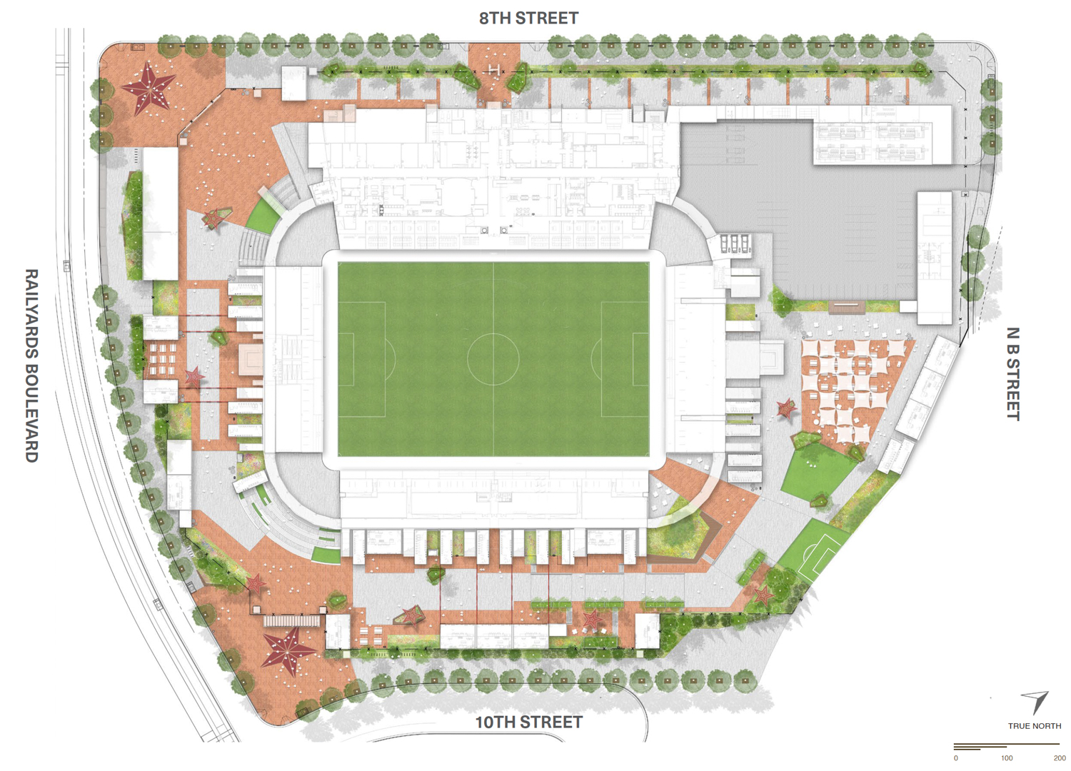 Sacramento Railyards Stadium site plan, illustration by MANICA Architects
