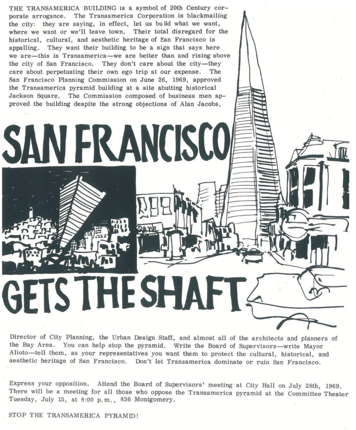 Transamerica Pyramid flyer describing the tower as a 'symbol of 20th century corporate arrogance', image courtesy SHVO