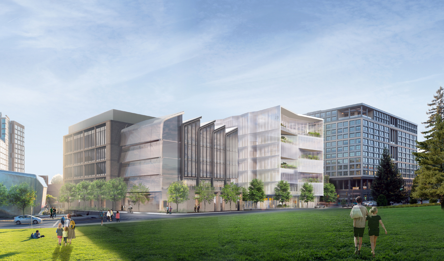 UC Berkeley Innovation Zone North Building next to the South Building from Crescent Lawn, rendering by DGA and Weiss Manfredi