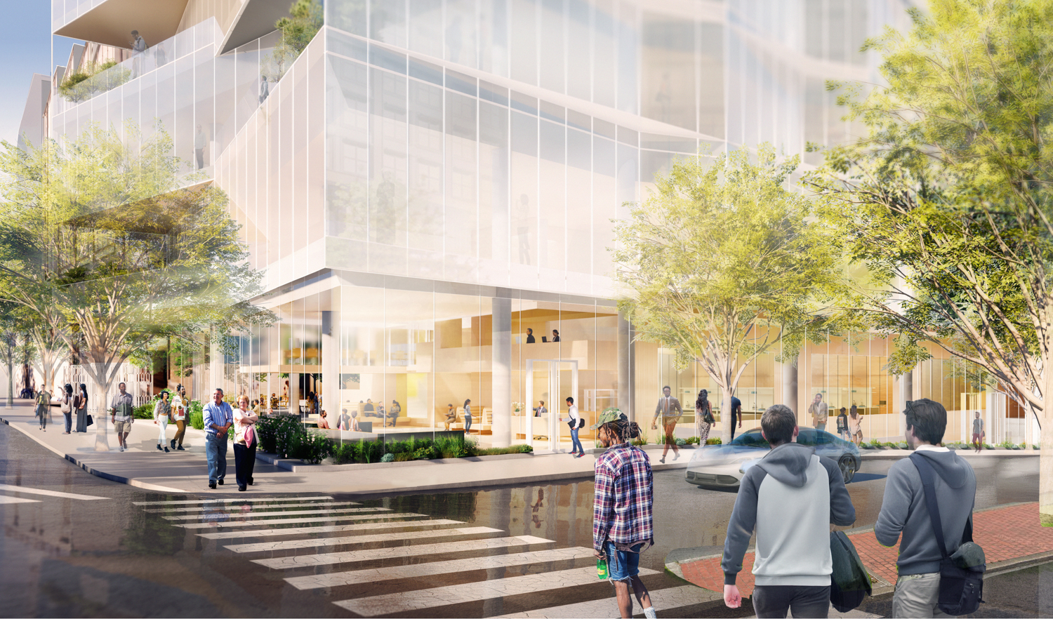 UC Berkeley Innovation Zone North Building pedestrian view from the University Avenue cross-walk, rendering by DGA and Weiss/Manfredi