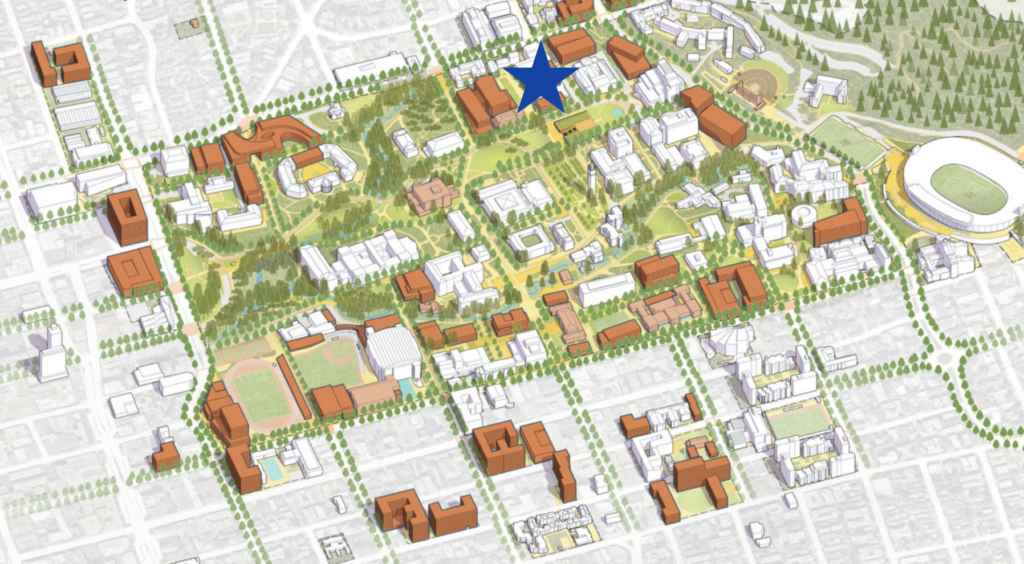 UC Berkeley Master Plan with Grimes Engineering Center Location Marked in Blue, Image via Sasaki