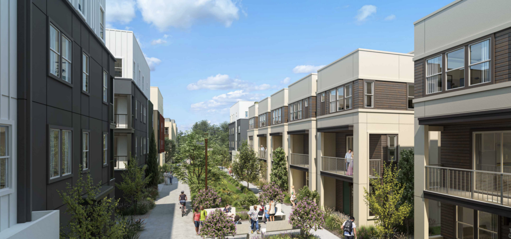 West Midway Development Project Multi-Use Path and Building Rendering, image via Brookfield Properties, KTGY, Woodley Architecture Group