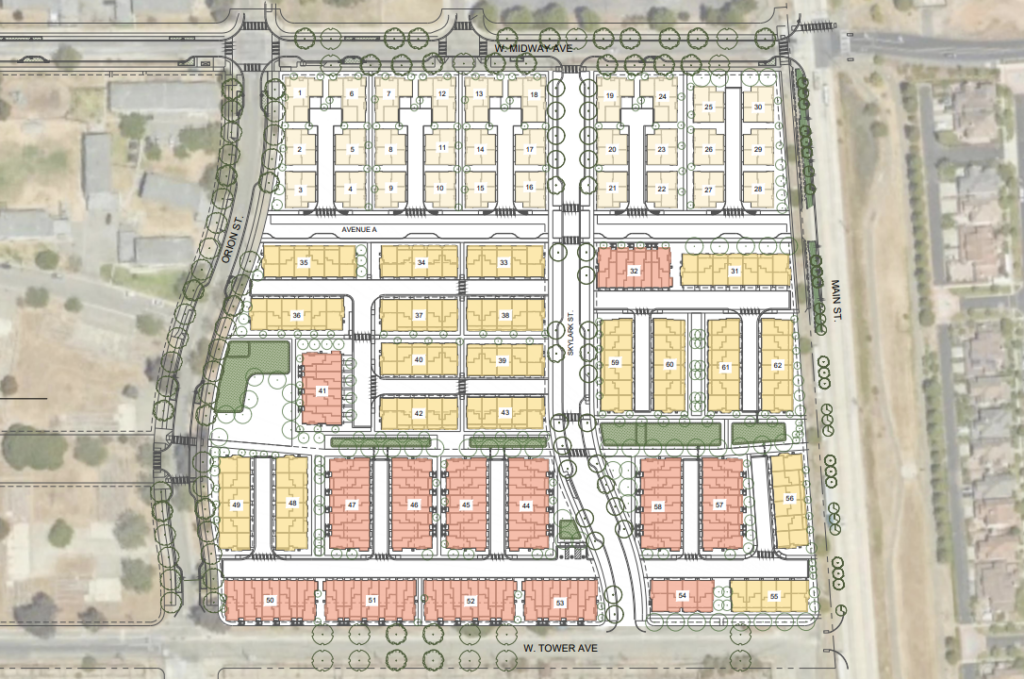 West Midway Development Project Site Map With Condominiums in Red Townhomes in Yellow and Duets in Cream, image via Brookfield Properties, KTGY, Woodley Architecture Group, CBG