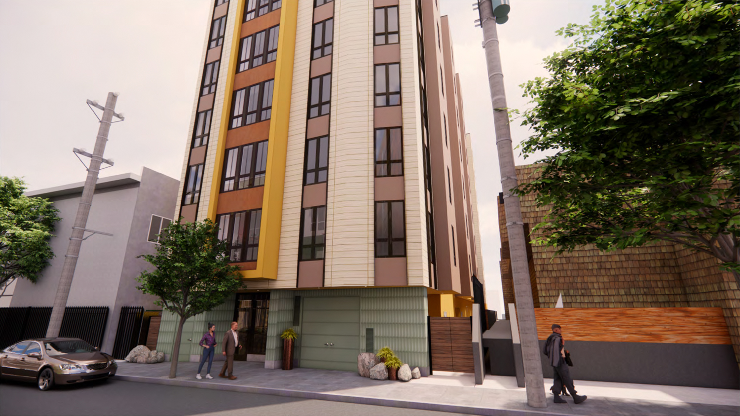 2442 Haste Street lobby and sidewalk activity, rendering by Studio KDA