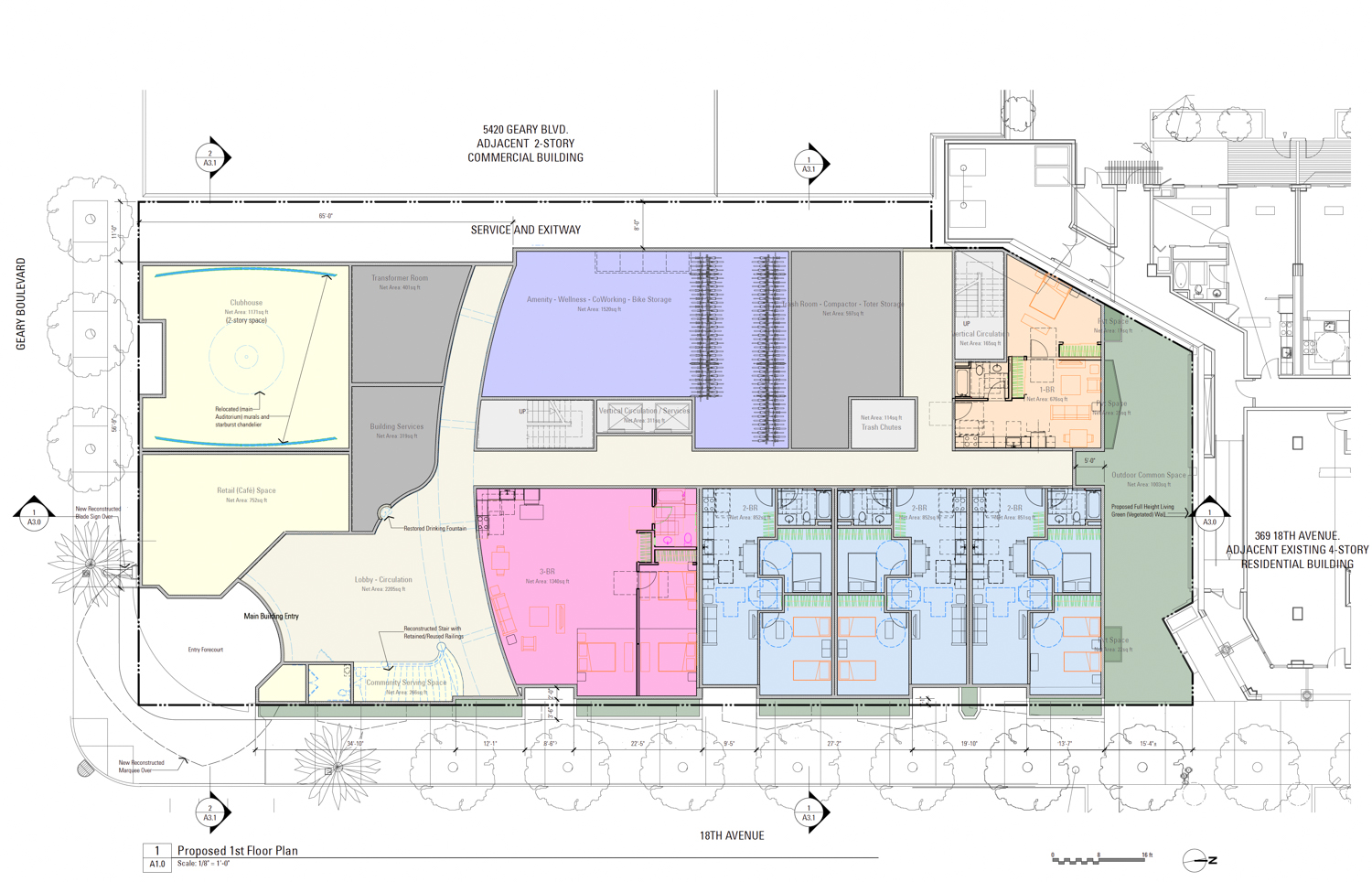 5400 Geary Boulevard ground-level floor plan, illustration by G7A