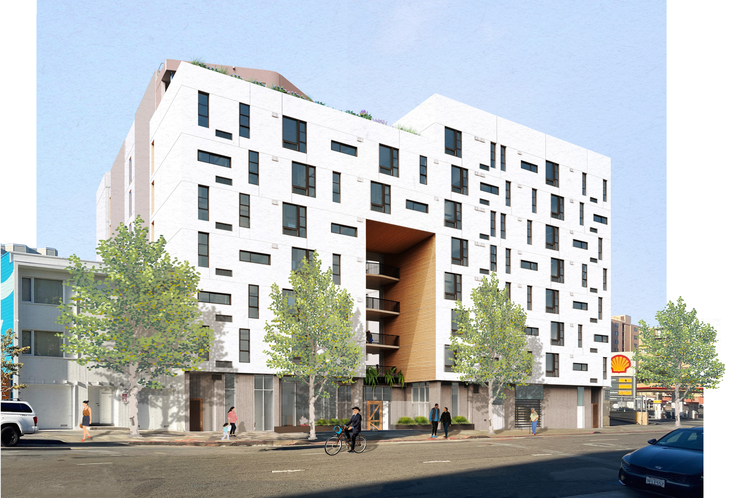 850 Turk Street establishing view, rendering by David Baker Architects