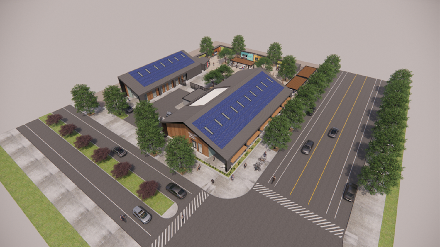 Alchemist Public Market aerial overview, rendering by Dreyfuss + Blackford Architects