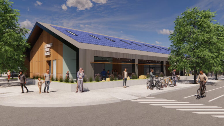 Alchemist Public Market establishing view, rendering by Dreyfuss + Blackford Architects