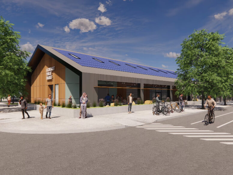 Alchemist Public Market establishing view, rendering by Dreyfuss + Blackford Architects