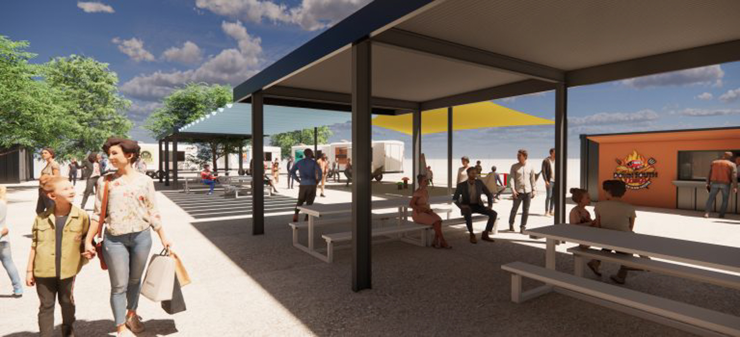 Alchemist Public Market outdoor dining area, rendering by Dreyfuss + Blackford Architects