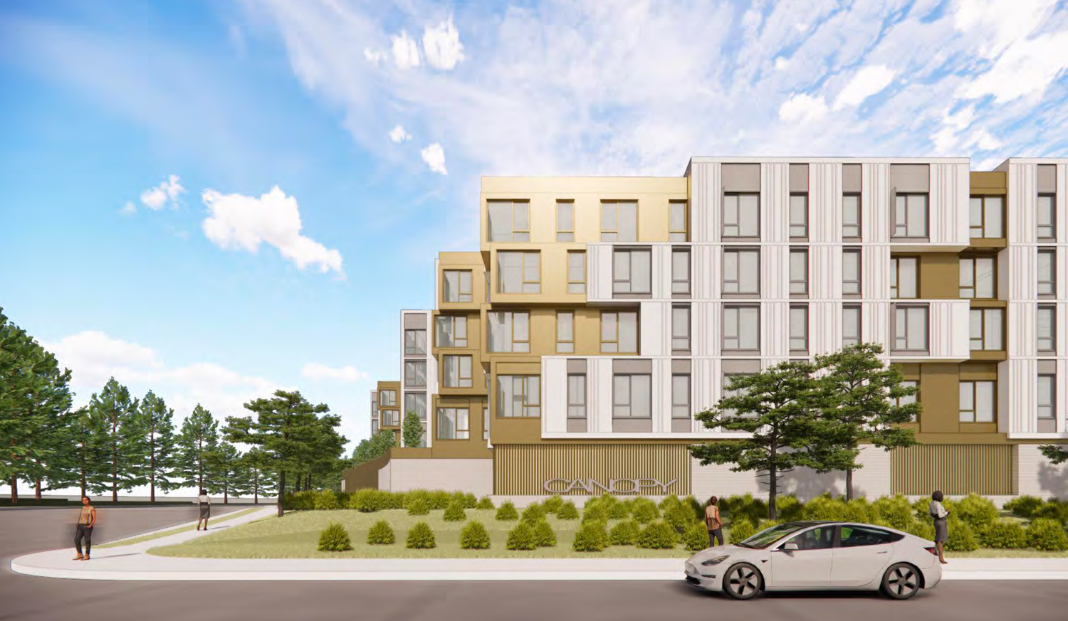 Bishop Ranch 8 affordable complex along Executive Parkway, rendering by Steinberg Hart