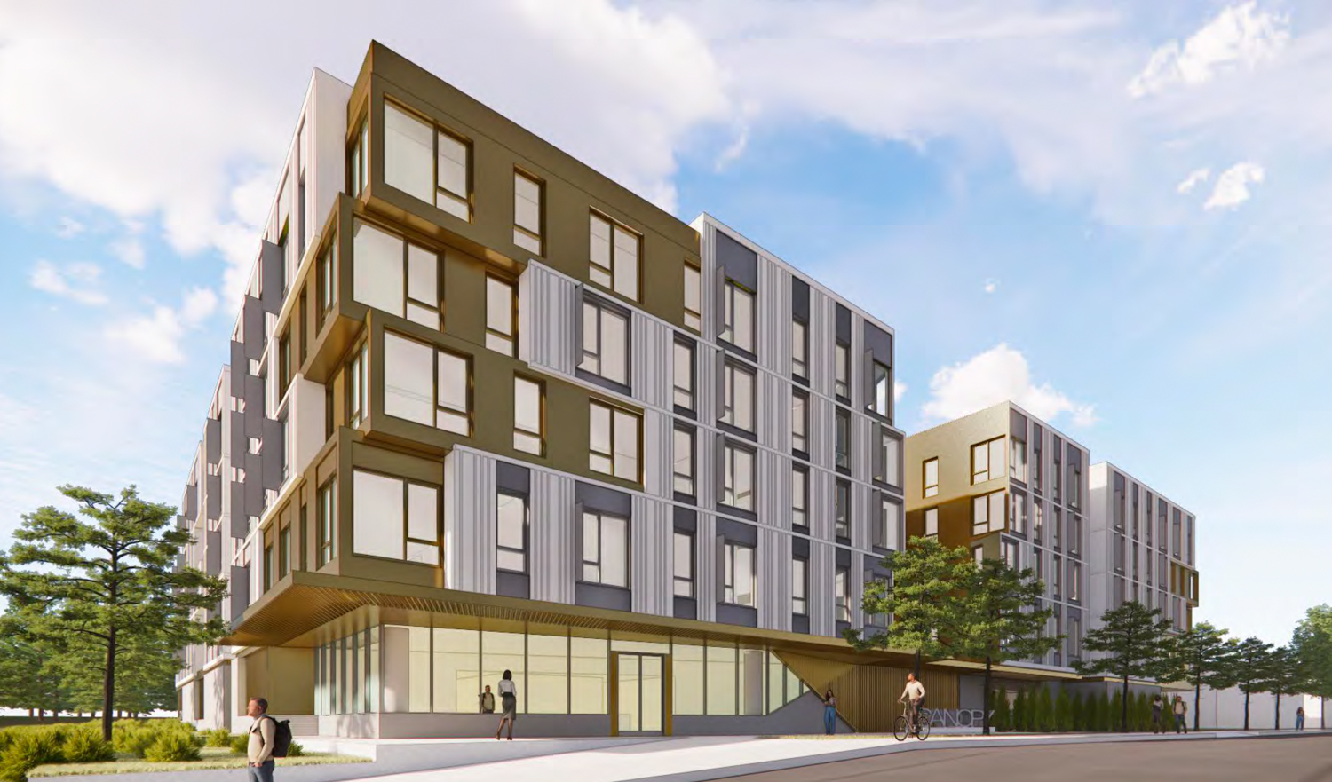 Bishop Ranch 8 affordable complex view of the lobby, rendering by Steinberg Hart