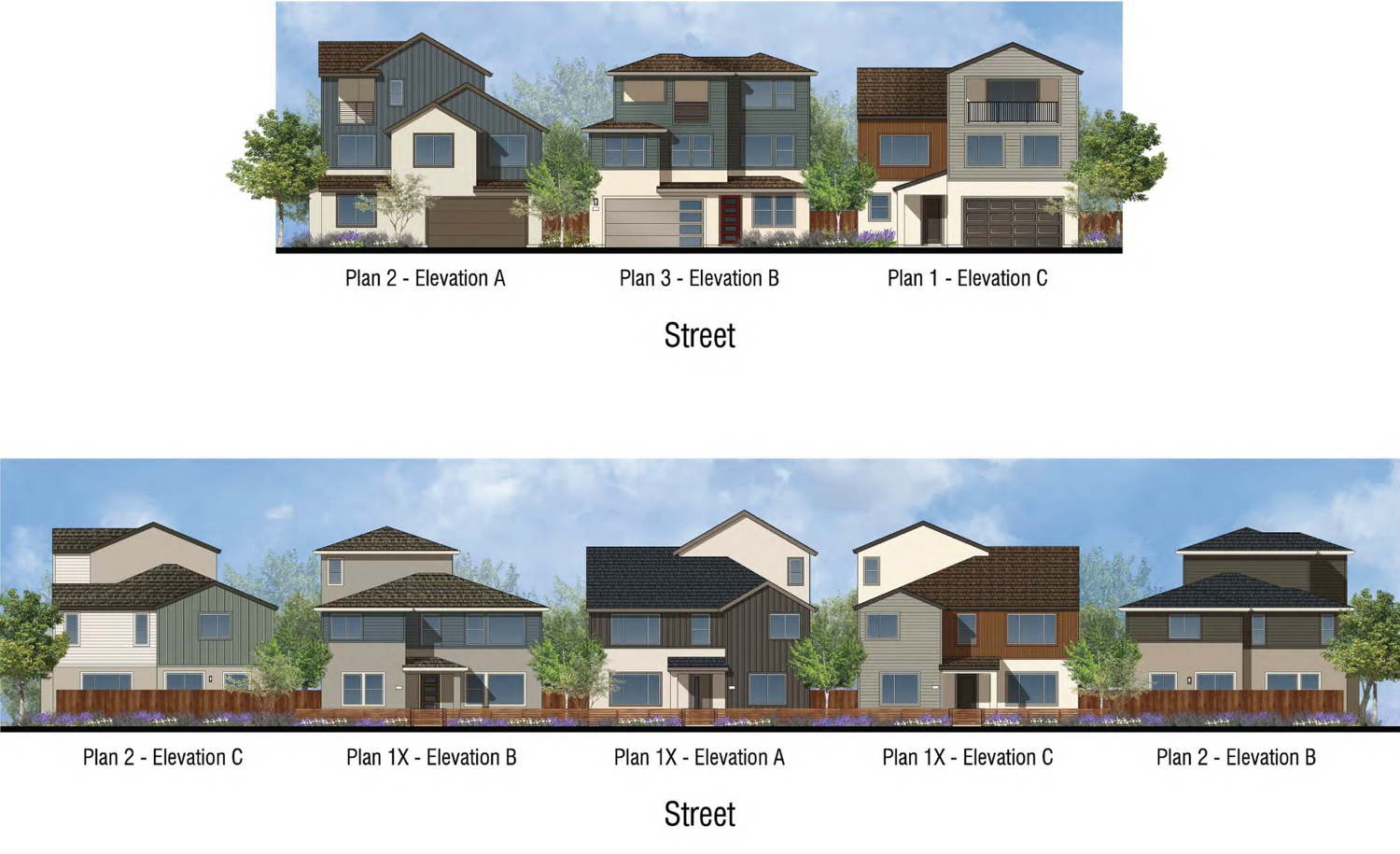 Bishop Ranch 8 single-family house elevation views, illustration by WHA Architects