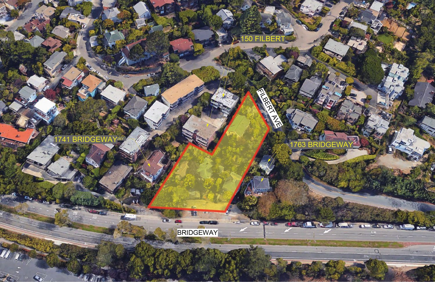 Bridgeway Commons existing condition, image via Google Satellite outlined by BDE Architecture