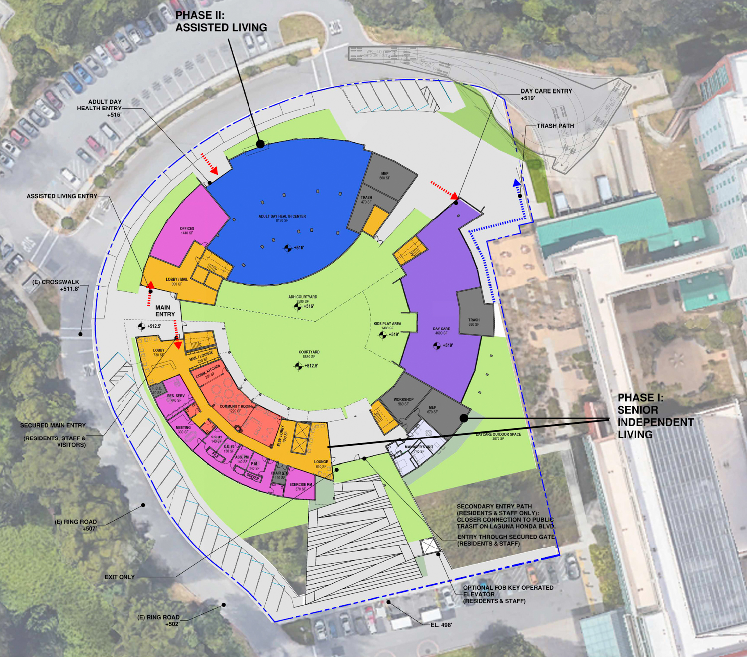 Laguna Honda Hospital Senior Housing ground-level floor plan, illustration by Herman Coliver Locus Architects