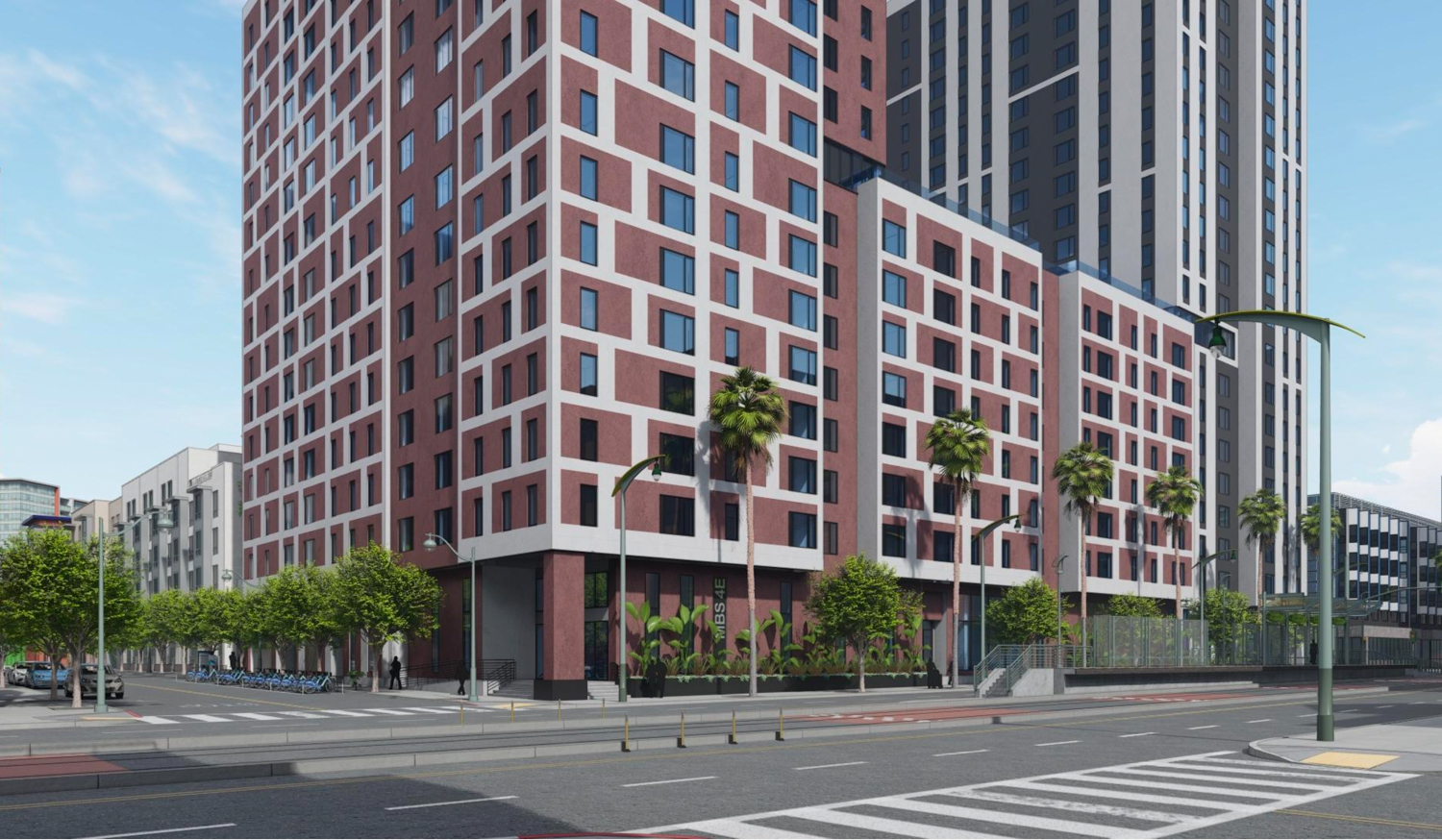 Mission Bay Block 4 East South Tower pedestrian view, rendering by Perry Architects and Y.A. Studio