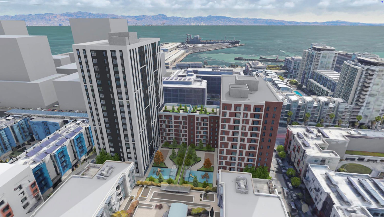 Mission Bay Block 4 East aerial view looking east, rendering by Perry Architects and Y.A. Studio