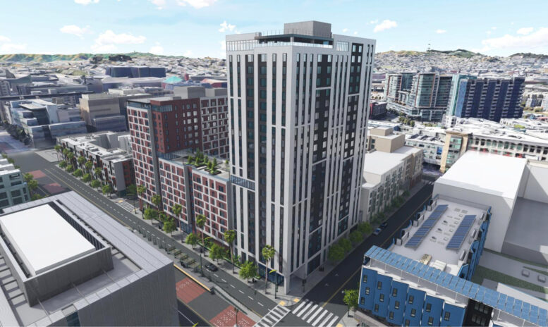 Mission Bay Block 4 East aerial view, rendering by Perry Architects and Y.A. Studio