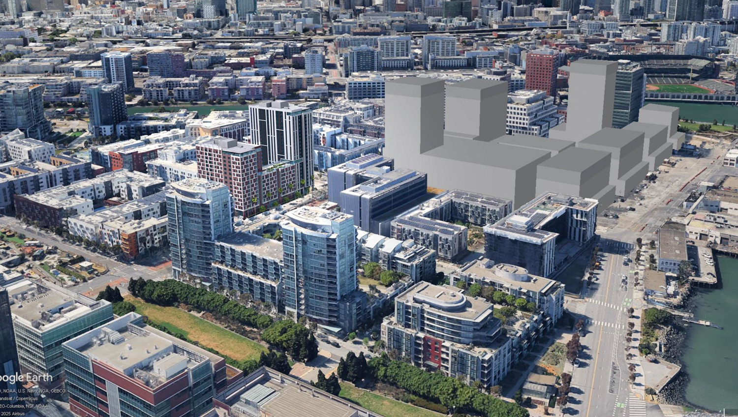 Mission Bay Block 4 East aerial view within the Mission Bay neighborhood, Mission Rock future phases outlined in grey, rendering by Perry Architects and Y.A. Studio