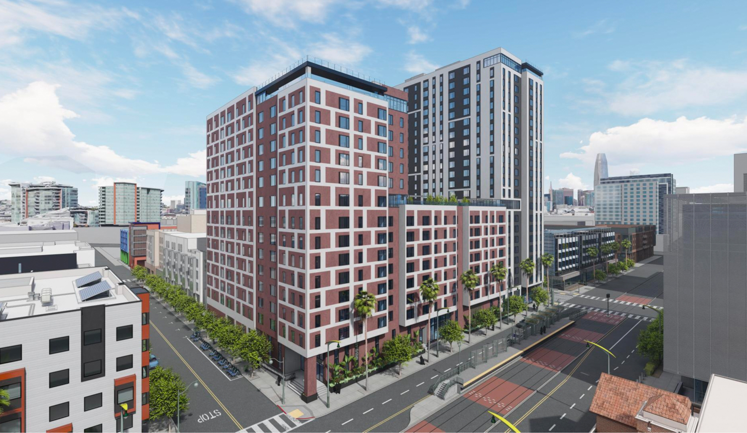 Mission Bay Block 4 East looking towards South Tower, rendering by Perry Architects and Y.A. Studio