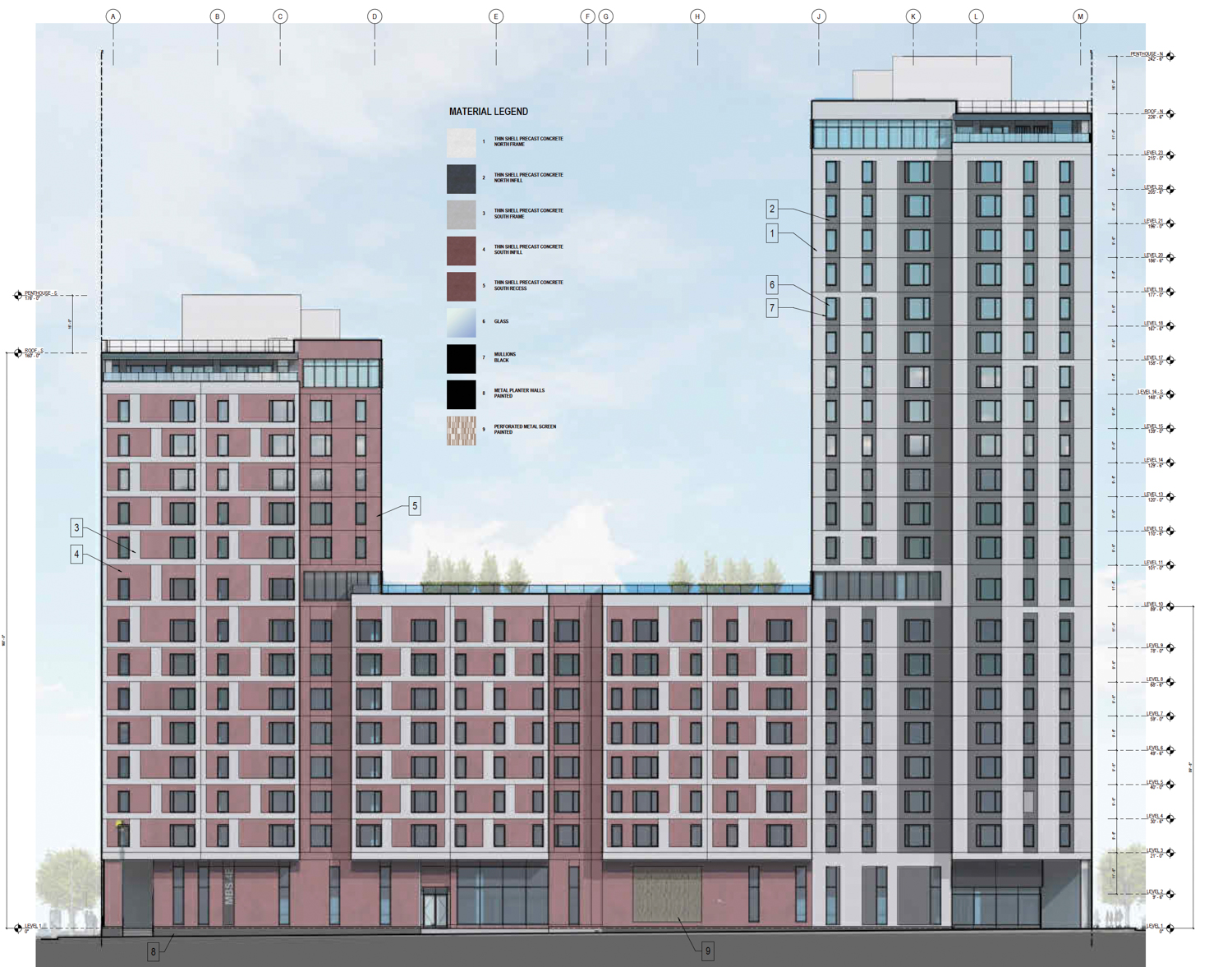 Mission Bay Block 4 East vertical elevation, illustration by Perry Architects and Y.A. Studio