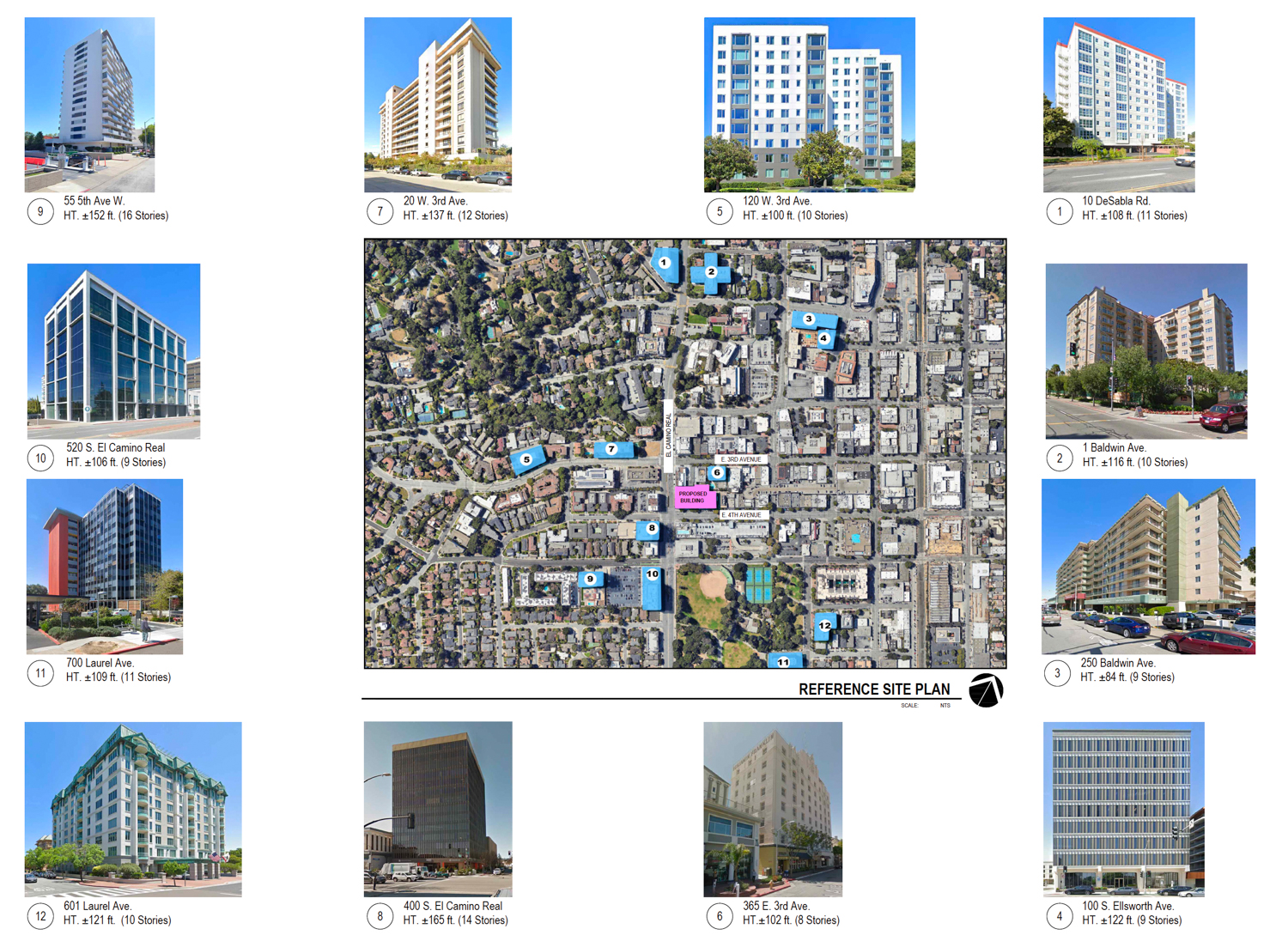 Map of tall existing buildings in San Mateo around 1 East 4th Avenue, illustration by Arc Tec