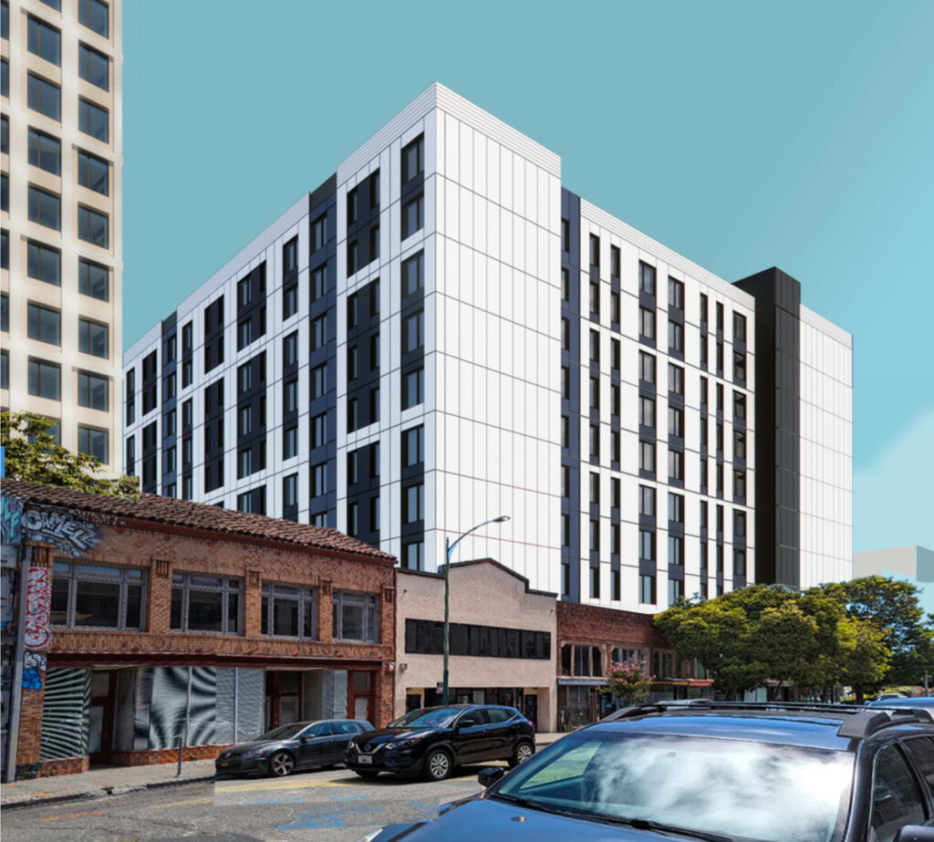 1523 Harrison Street outdated 10-story iteration, seen from 15th Street, rendering by oWow