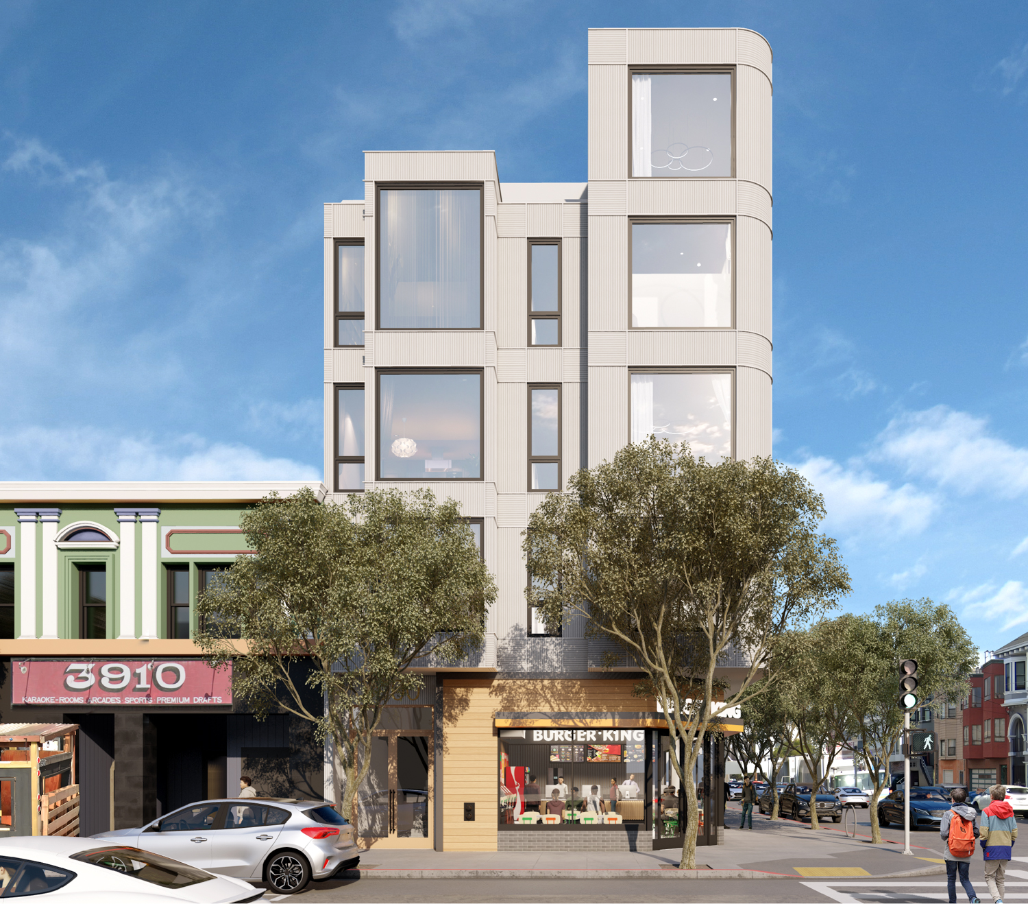 3900 Geary Boulevard pedestrian view, rendering by RG Architecture