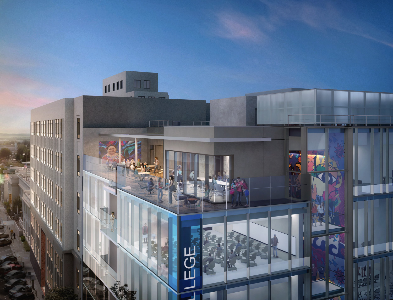 Berkeley City College aerial view of the rooftop deck, rendering by Ratcliff Architects