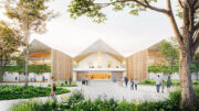 Eames Institute arrival court, rendering by Herzog & de Meuron