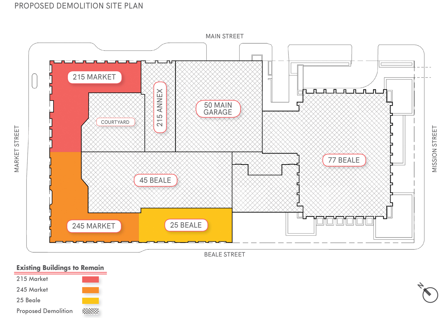 PG&E Block/Matson block site map showing the structures that will remain and the structures to be demolished, illustration by Pickard Chilton