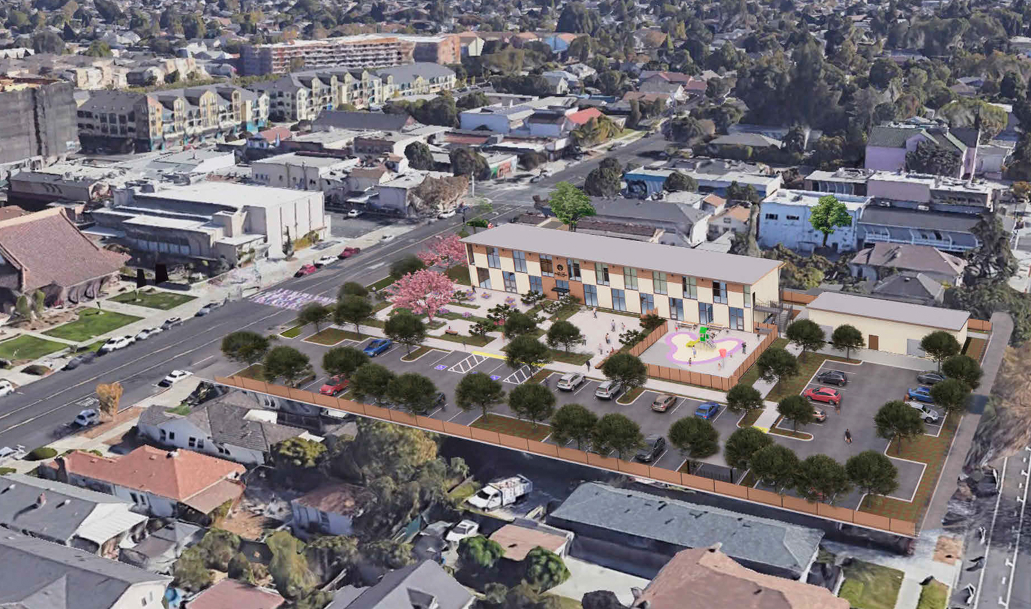San Jose Buddhist Church Betsuin preschool aerial view, rendering by Aedis Architects