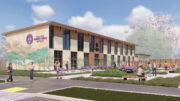 San Jose Buddhist Church Betsuin preschool establishing view, rendering by Aedis Architects