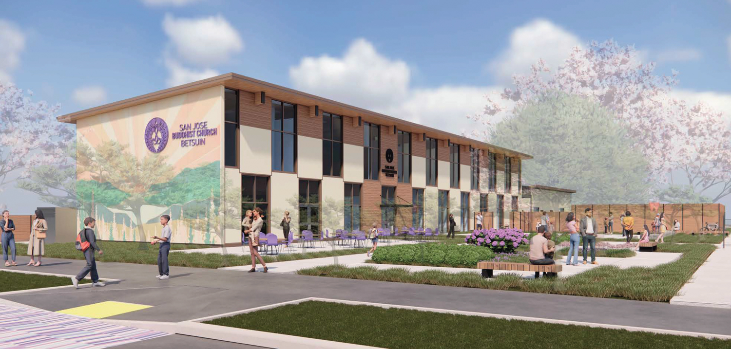 San Jose Buddhist Church Betsuin preschool establishing view, rendering by Aedis Architects