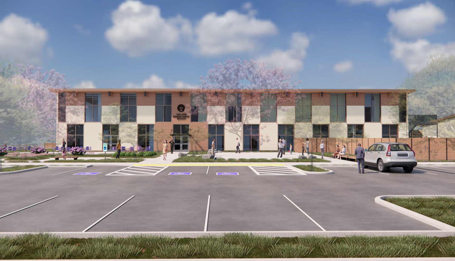 San Jose Buddhist Church Betsuin preschool view from the surface lot, rendering by Aedis Architects