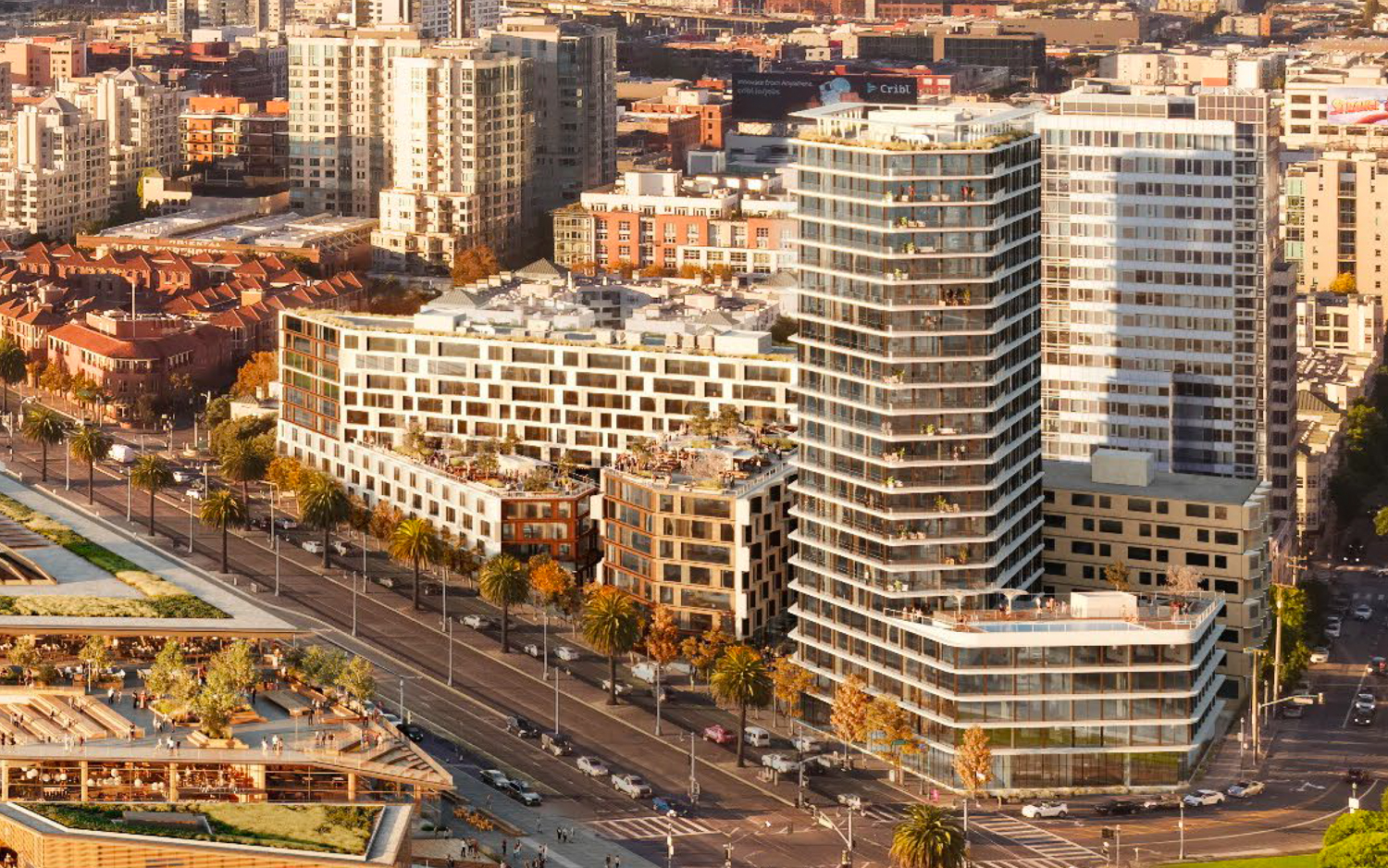 Seawall Lot 330 housing cropped from the overview illustration, rendering by Steelblue