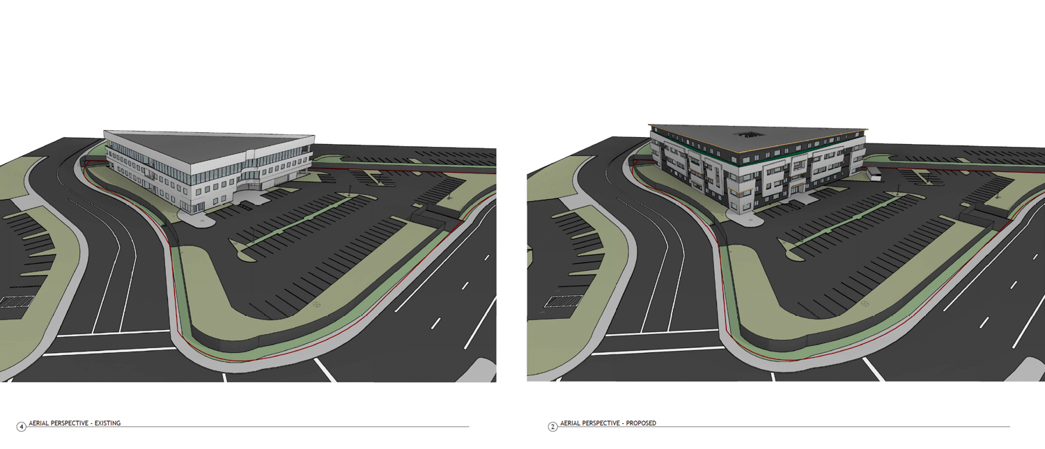 3201 Florin Perkins Road existing condition (left) and proposed adaption (right), rendering by Graphia
