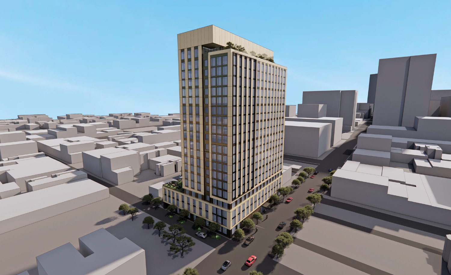 360 5th Street aerial view, rendering by Handel Architects