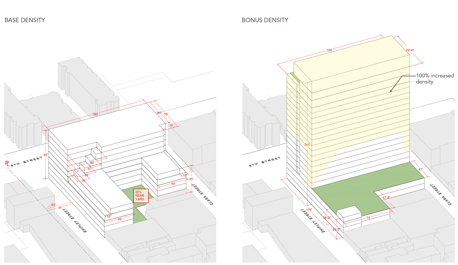 360 5th Street base density view (left) and bonus density project (right), illustration by Handel Architects