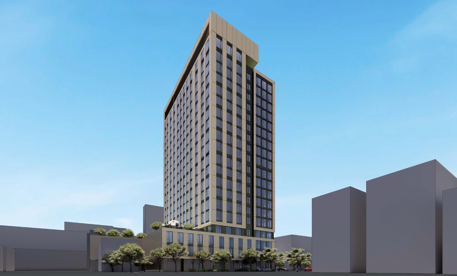360 5th Street pedestrian view along Clara Street, rendering by Handel Architects