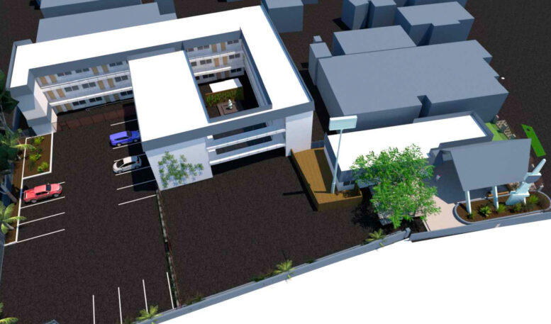 490 West MacArthur Boulevard aerial view, rendering by Mesh Design Build Studio