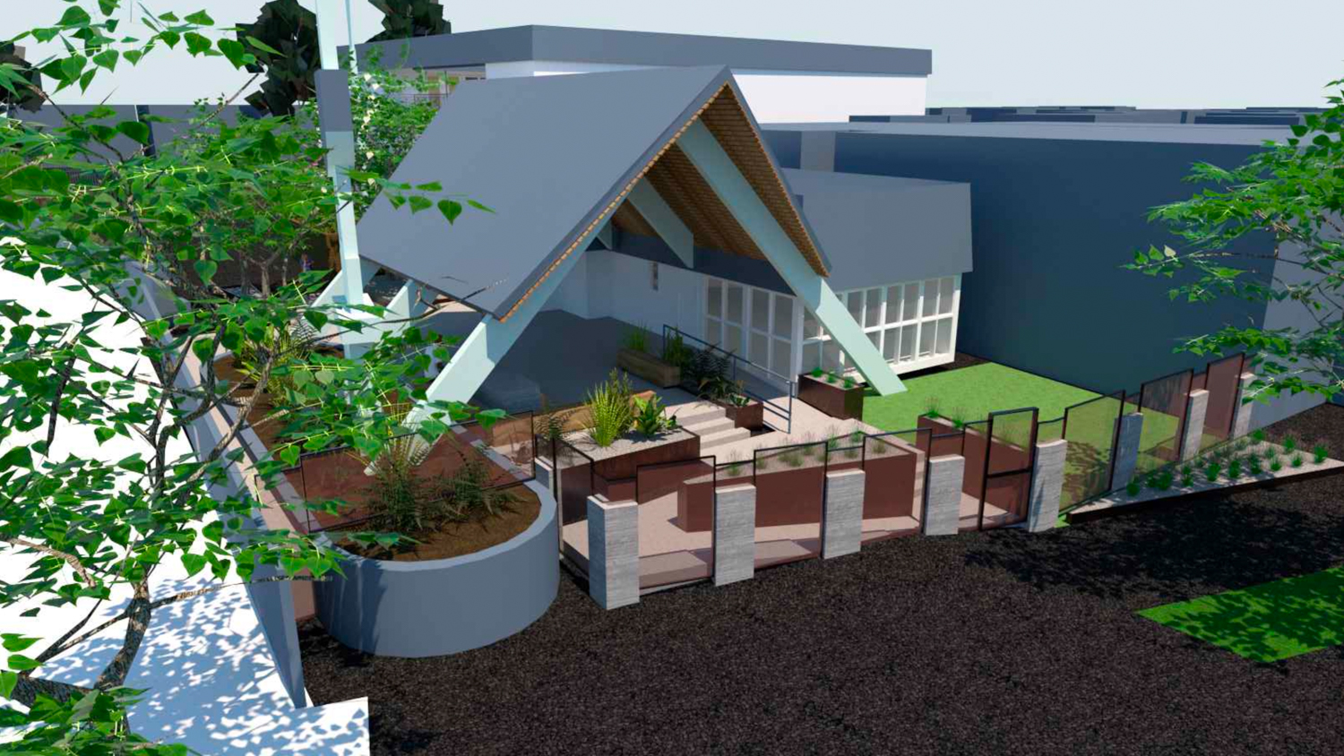 490 West MacArthur Boulevard entry plaza, rendering by Mesh Design Build Studio