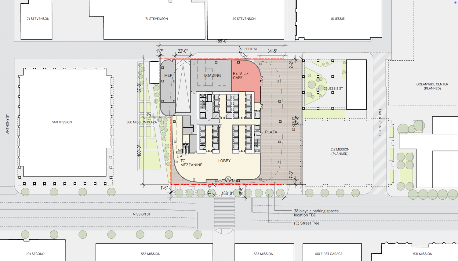 536 Mission Street office variant ground-level floor plan, illustration by SOM