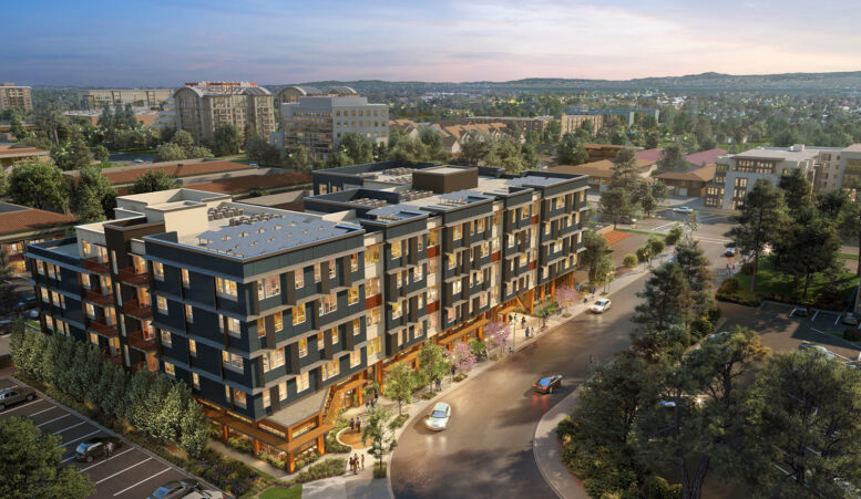 Distel Circle Affordable Housing aerial view, rendering by KTGY Architects