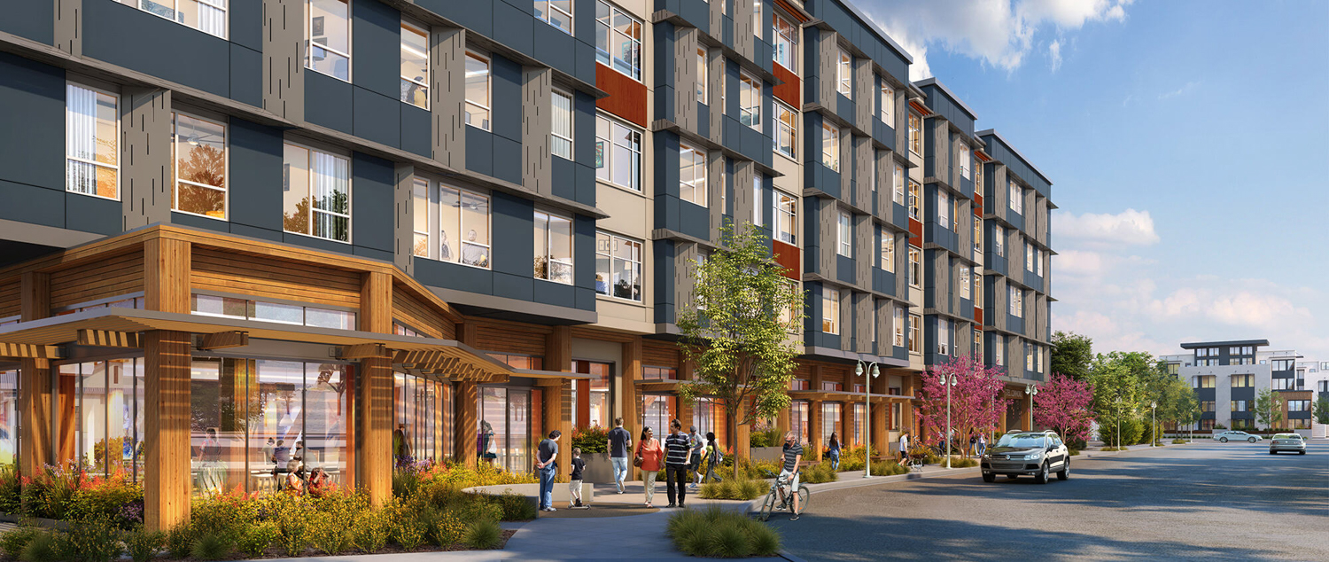 Distel Circle Affordable Housing pedestrian view, rendering by KTGY Architects