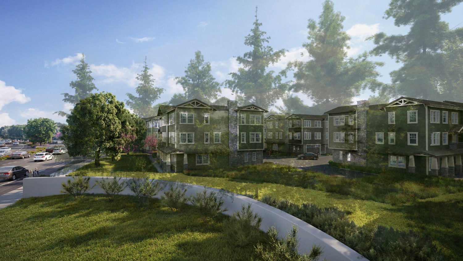 Positas Park view from the corner of Hopyard Road with translucent trees, rendering by BDE Architecture