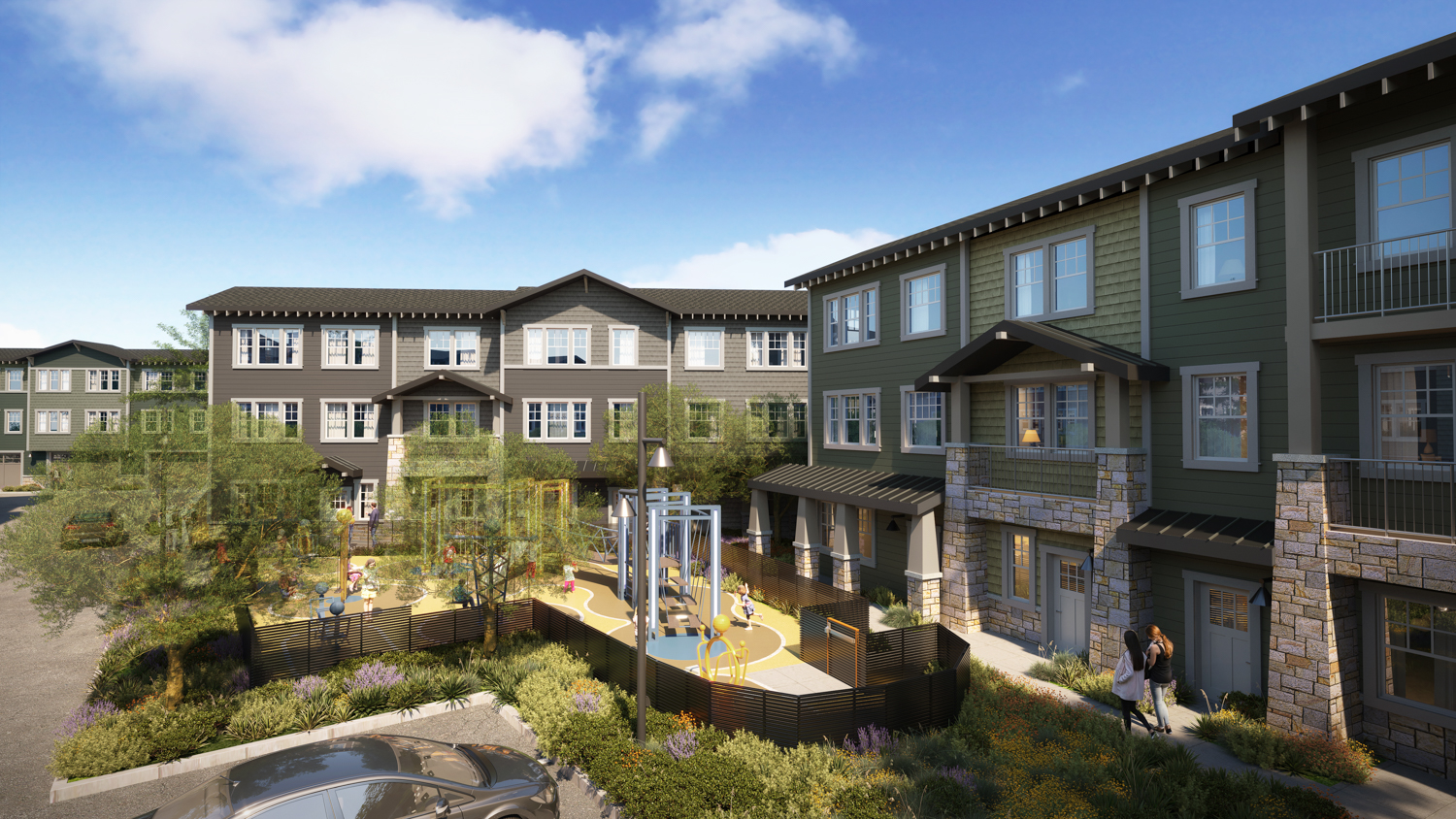 Positas Park view of housing and the children's park, rendering by BDE Architecture