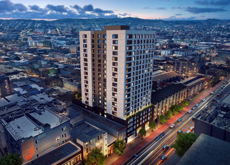 1023 Mission Street aerial overview, rendering by Perry Architects