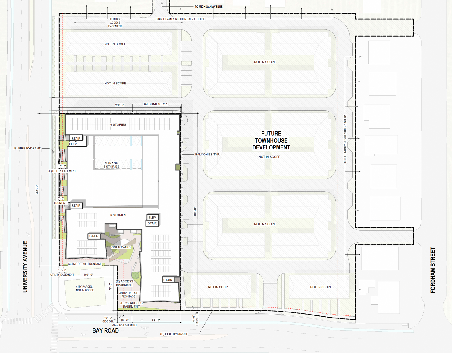 1675 Bay Road apartments (bottom corner right) and the townhouse project (separate project), illustration by David Baker Architects